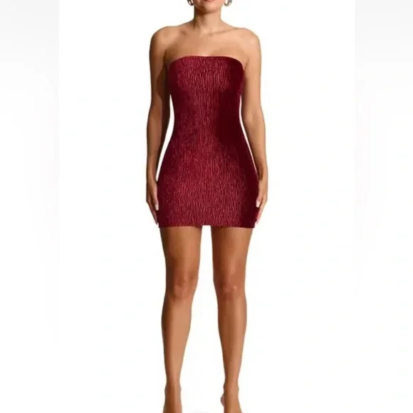NAKED WARDROBE TEXTURE PLUSH VELVET TUBE DRESS BURGUNDY/WINE  BODYCON BURNOUT - Picture 2 of 14